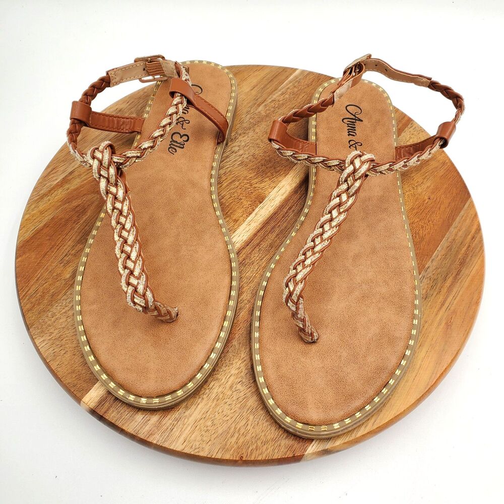 Anna & Elle Flat Sandals Women's 7 Brown & Gold Ankle Strap Braided Dressy EUC